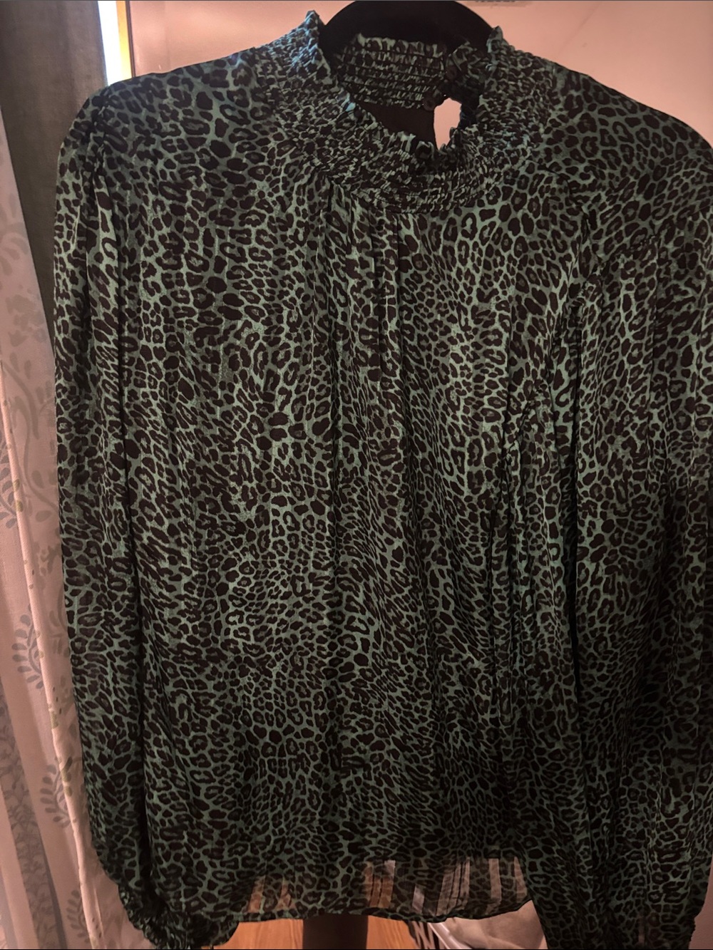Green Leopard Print Smocked Neck Blouse